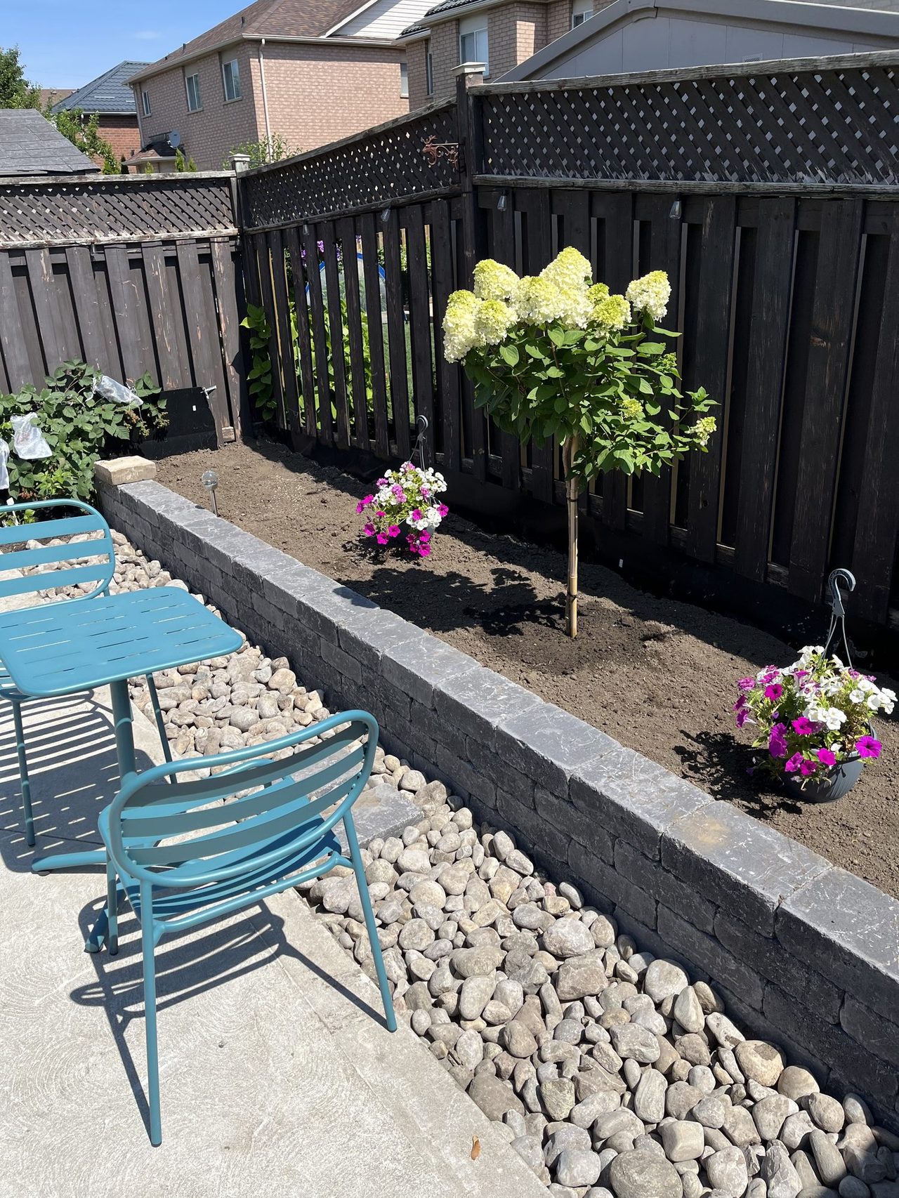 Same charcoal block raised planter with coping stones, a turquoise bistro set on the concrete patio and a wide river-rock strip separating the patio from the wall