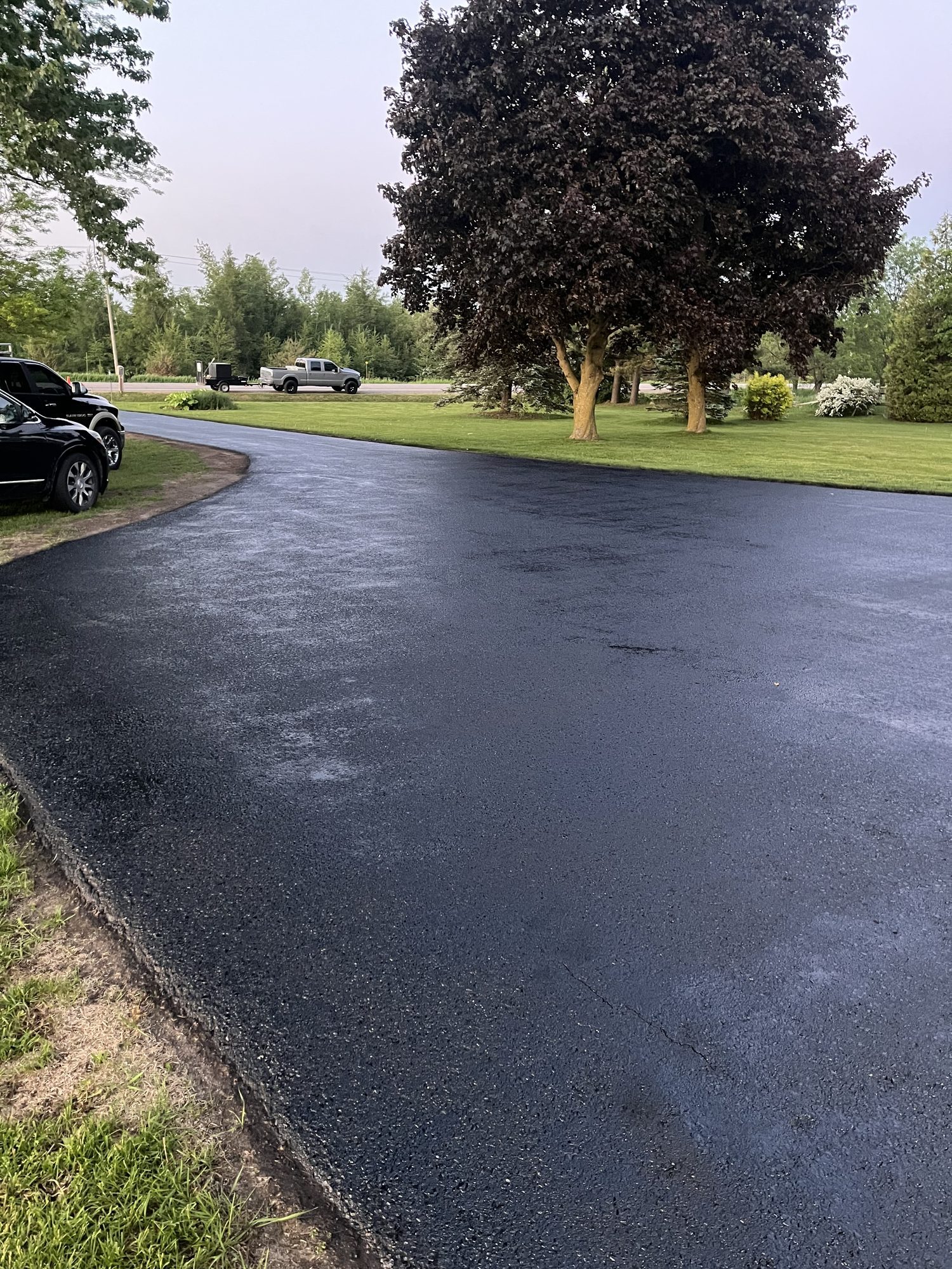 Wide freshly sealed black asphalt driveway curving toward a road in a rural setting, with parked vehicles beside it and a dark-leafed tree on the lawn under a pale dusk sky